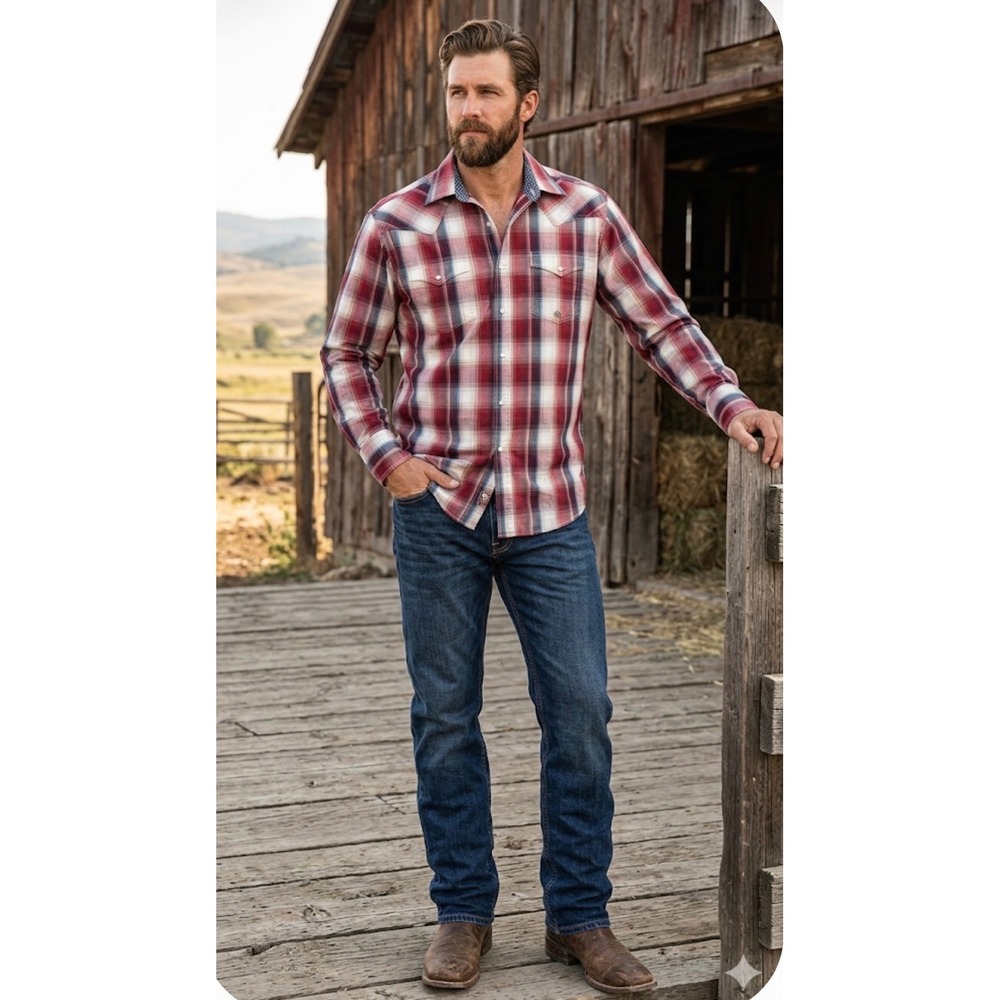 Roper Western Snap Shirt Red Plaid Long Sleeve Pearl Snap Closure Men's M